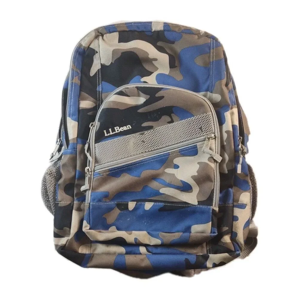 LL Bean Deluxe Book‎ Back Pack Ocean Blue Camo Maine Good Pre-Owned Condition